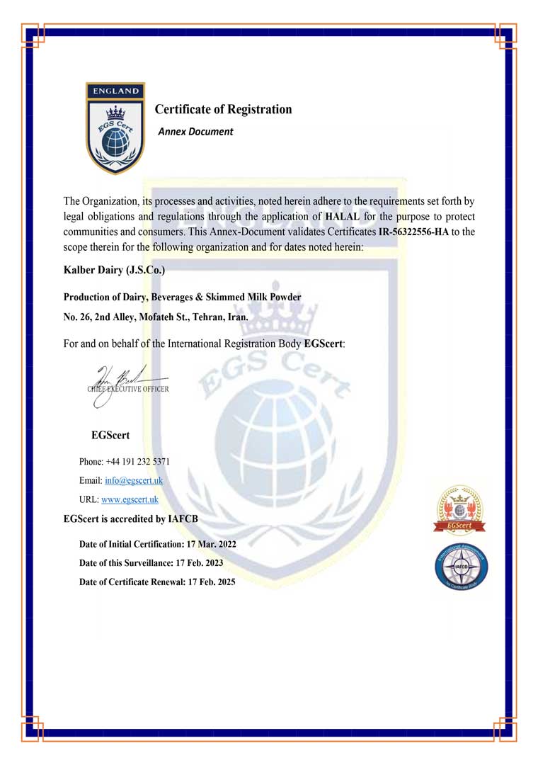 kalber dairy producer and supplier - Certificates